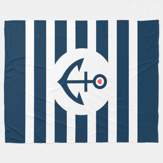 Navy-Blue Stripes & Nautical Boat Anchor Fleece Deken (Voorkant (Horizontaal))