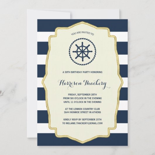 Navy Blue Stripes | Nautisch verjaardagsfeest Kaart (Voorkant)