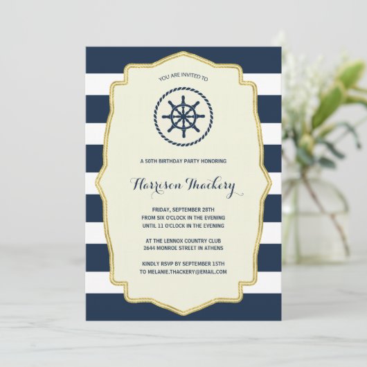 Navy Blue Stripes | Nautisch verjaardagsfeest Kaart (Staand voorkant)
