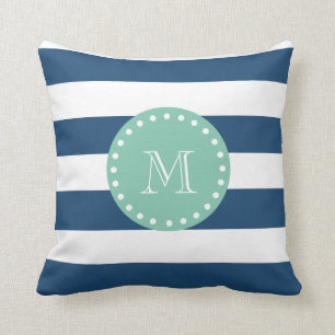 Navy Blue Stripes Pattern, Mint Green Monogram Kussen