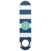 Navy Blue Stripes Pattern, Mint Green Monogram Speed Flessenopener (Achterkant)