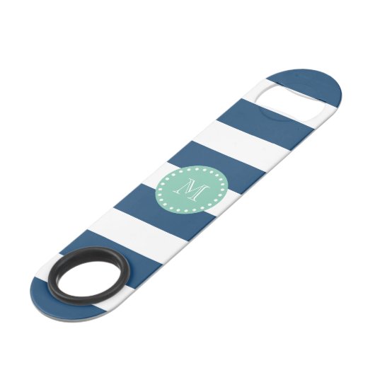 Navy Blue Stripes Pattern, Mint Green Monogram Speed Flessenopener (Achterkant Gekanteld)