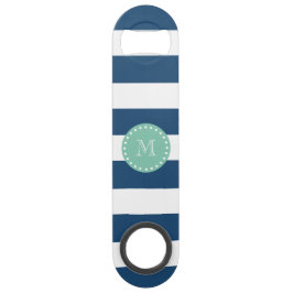 Navy Blue Stripes Pattern, Mint Green Monogram Speed Flessenopener