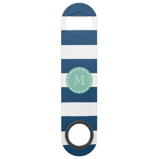 Navy Blue Stripes Pattern, Mint Green Monogram Speed Flessenopener (Voorkant)
