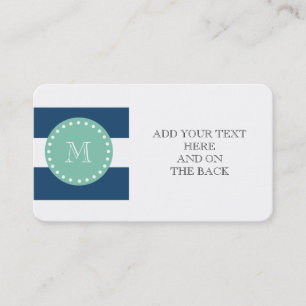 Navy Blue Stripes Pattern, Mint Green Monogram Visitekaartje