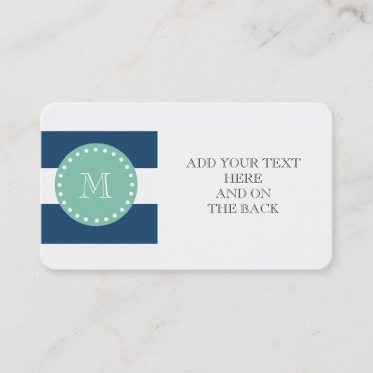 Navy Blue Stripes Pattern, Mint Green Monogram Visitekaartje (Voorkant)