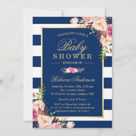 Navy Blue Stripes Pink Floral Classy Baby shower Kaart