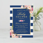 Navy Blue Stripes Pink Floral Classy Baby shower Kaart (Staand voorkant)