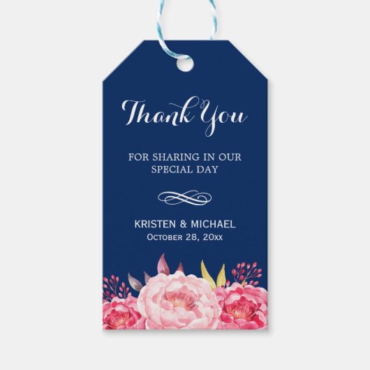 Navy Blue Stripes Romantic Floral Cadeaulabel (Voorkant)