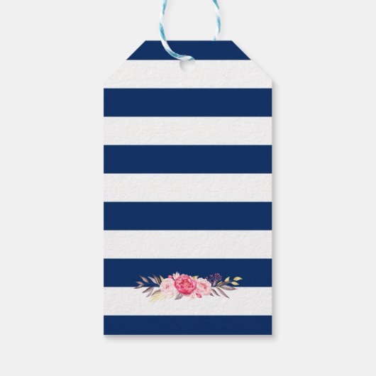 Navy Blue Stripes Romantic Floral Cadeaulabel (Achterkant)