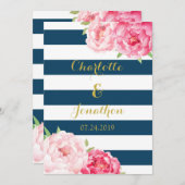 Navy Blue Stripes Roze Bloemen Bruiloft Uitnodigin Kaart (Voorkant / Achterkant)