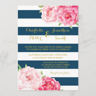 Navy Blue Stripes Roze Bloemen Bruiloft Uitnodigin Kaart