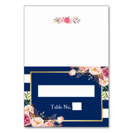 Navy Blue Stripes Roze Bloemen DIY Trouwplaats Kaart