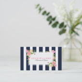 Navy Blue Stripes & Roze Waterverf Rozen Visitekaartje (Staand voorkant)