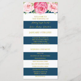 Navy Blue Stripes Roze Waterverf Trouwprogramma Programmakaart