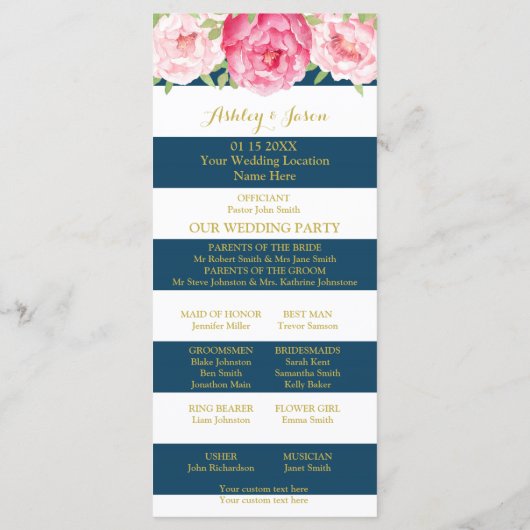 Navy Blue Stripes Roze Waterverf Trouwprogramma Programmakaart (Achterkant)