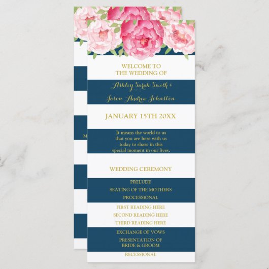 Navy Blue Stripes Roze Waterverf Trouwprogramma Programmakaart (Voorkant / Achterkant)