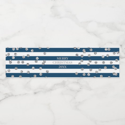 Navy Blue Stripes Silver Confetti Vrolijk kerstfee Waterfles Etiket (Enkel label)