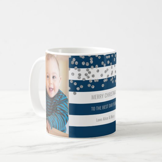Navy Blue Stripes Silver Foto Best Pap Kerstmis Koffiemok (Voorkant links)
