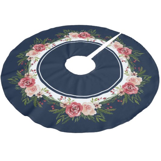 Navy Blue Stripes Waterverf Flowers kerst Kerstboom Rok (Gekanteld)