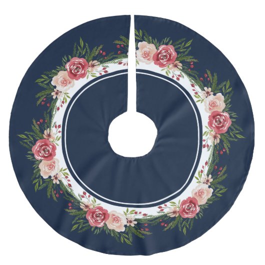 Navy Blue Stripes Waterverf Flowers kerst Kerstboom Rok (Voorkant)