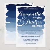 Navy blue stripes waterverf ombre bruiloft kaart (Voorkant / Achterkant)