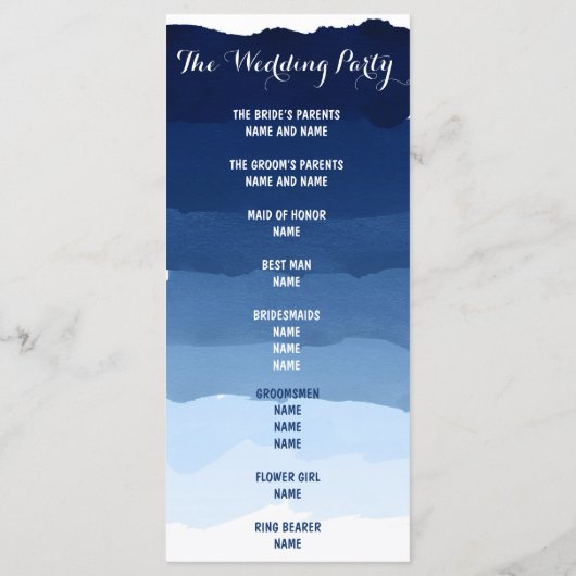Navy Blue Stripes waterverf ombre huwelijksprogram Programmakaart (Achterkant)