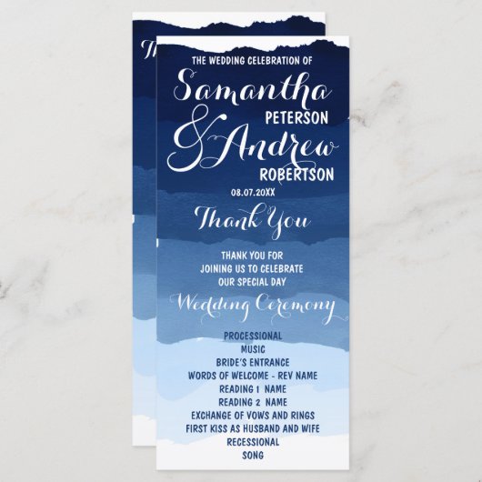 Navy Blue Stripes waterverf ombre huwelijksprogram Programmakaart (Voorkant / Achterkant)