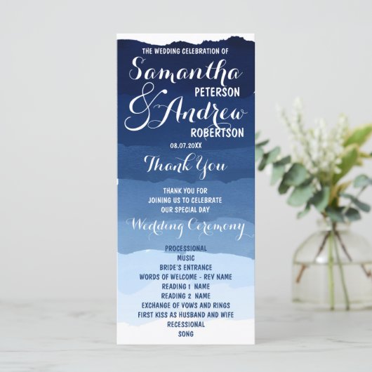 Navy Blue Stripes waterverf ombre huwelijksprogram Programmakaart (Staand voorkant)