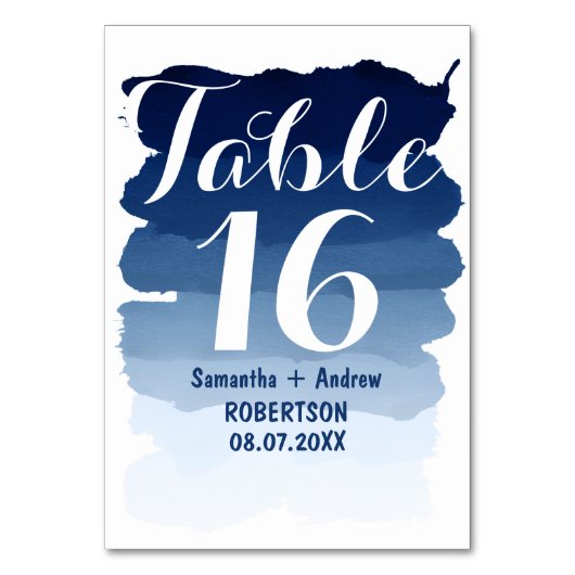 Navy blue stripes waterverf ombre tabelnummer kaart (Voorkant)