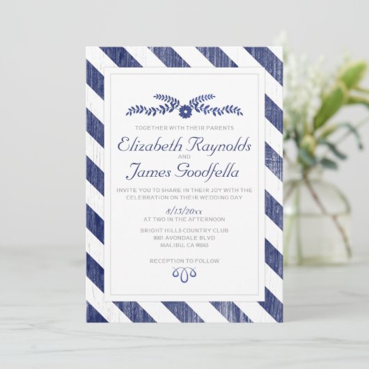 Navy Blue Stripes Wedding Invitations Kaart (Staand voorkant)
