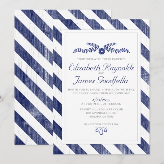 Navy Blue Stripes Wedding Invitations Kaart (Voorkant / Achterkant)