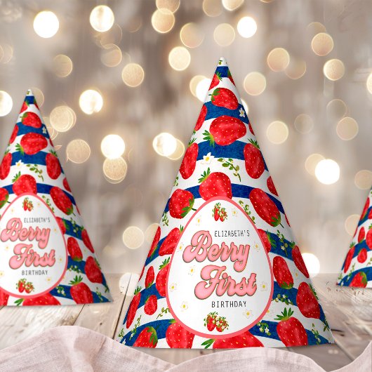 Navy Blue Stripes White 1st Birthday Berry First Feesthoedjes