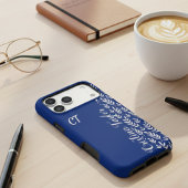 Navy Blue & Struik roze Bladpatroon monogrammed iPhone Hoesje