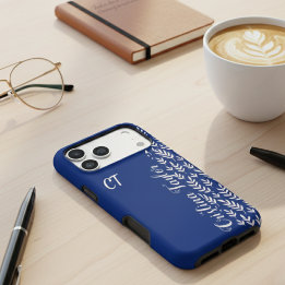 Navy Blue & Struik roze Bladpatroon monogrammed iPhone 16 Pro Max Hoesje