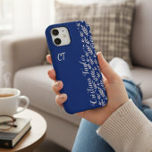 Navy Blue & Struik roze Bladpatroon monogrammed iPhone Hoesje