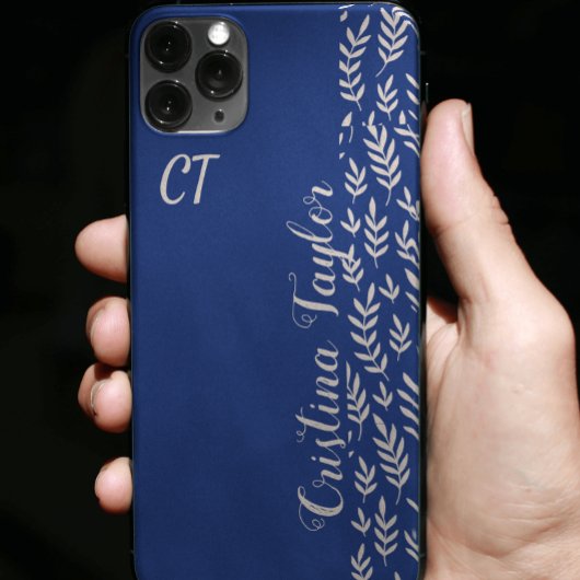 Navy Blue & Struik roze Bladpatroon monogrammed iPhone Hoesje