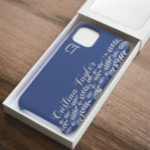 Navy Blue & Struik roze Bladpatroon monogrammed iPhone Hoesje