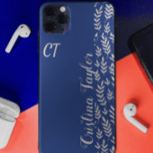 Navy Blue & Struik roze Bladpatroon monogrammed iPhone Hoesje