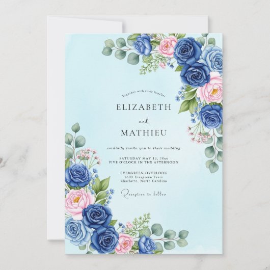 Navy Blue Sublime Botanical Spring Wedding Kaart (Voorkant)