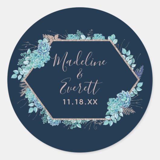Navy Blue Succulenten & Roos Gold Monogram Bruilof Ronde Sticker (Voorkant)