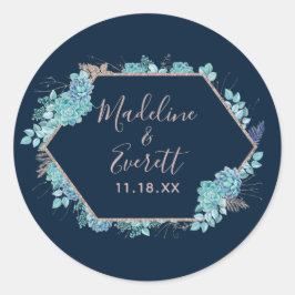 Navy Blue Succulenten & Roos Gold Monogram Bruilof Ronde Sticker