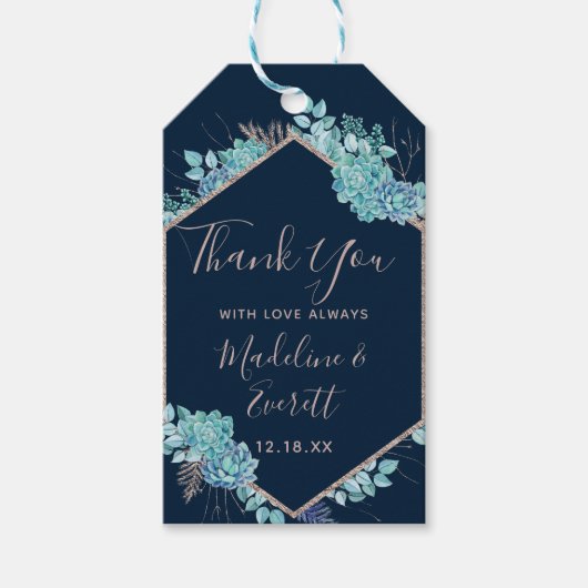 Navy Blue Succulenten & Roos Gold Wedding Dank u Cadeaulabel (Voorkant)
