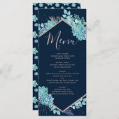 Navy Blue Succulenten & Roos Gold Wedding Menu (Voorkant / Achterkant)