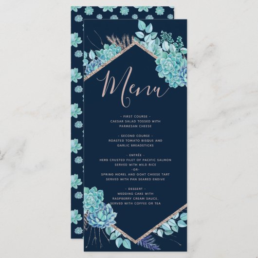 Navy Blue Succulenten & Roos Gold Wedding Menu (Voorkant / Achterkant)