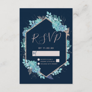 Navy Blue Succulenten & Roos Gold Wedding RSVP