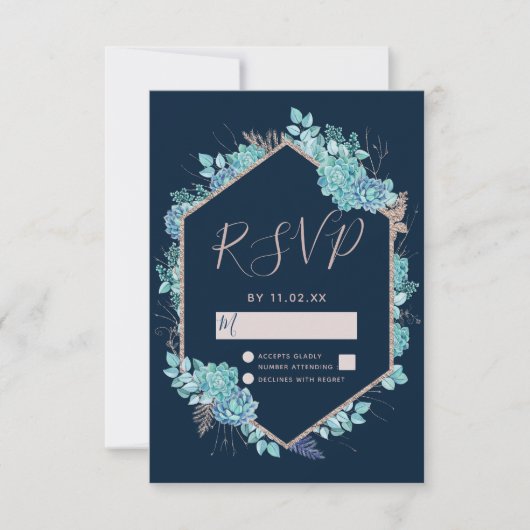 Navy Blue Succulenten & Roos Gold Wedding RSVP (Voorkant)