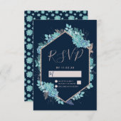 Navy Blue Succulenten & Roos Gold Wedding RSVP (Voorkant / Achterkant)