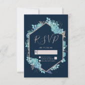 Navy Blue Succulenten & Roos Gold Wedding RSVP Kaartje (Voorkant)