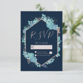 Navy Blue Succulenten & Roos Gold Wedding RSVP Kaartje (Staand voorkant)